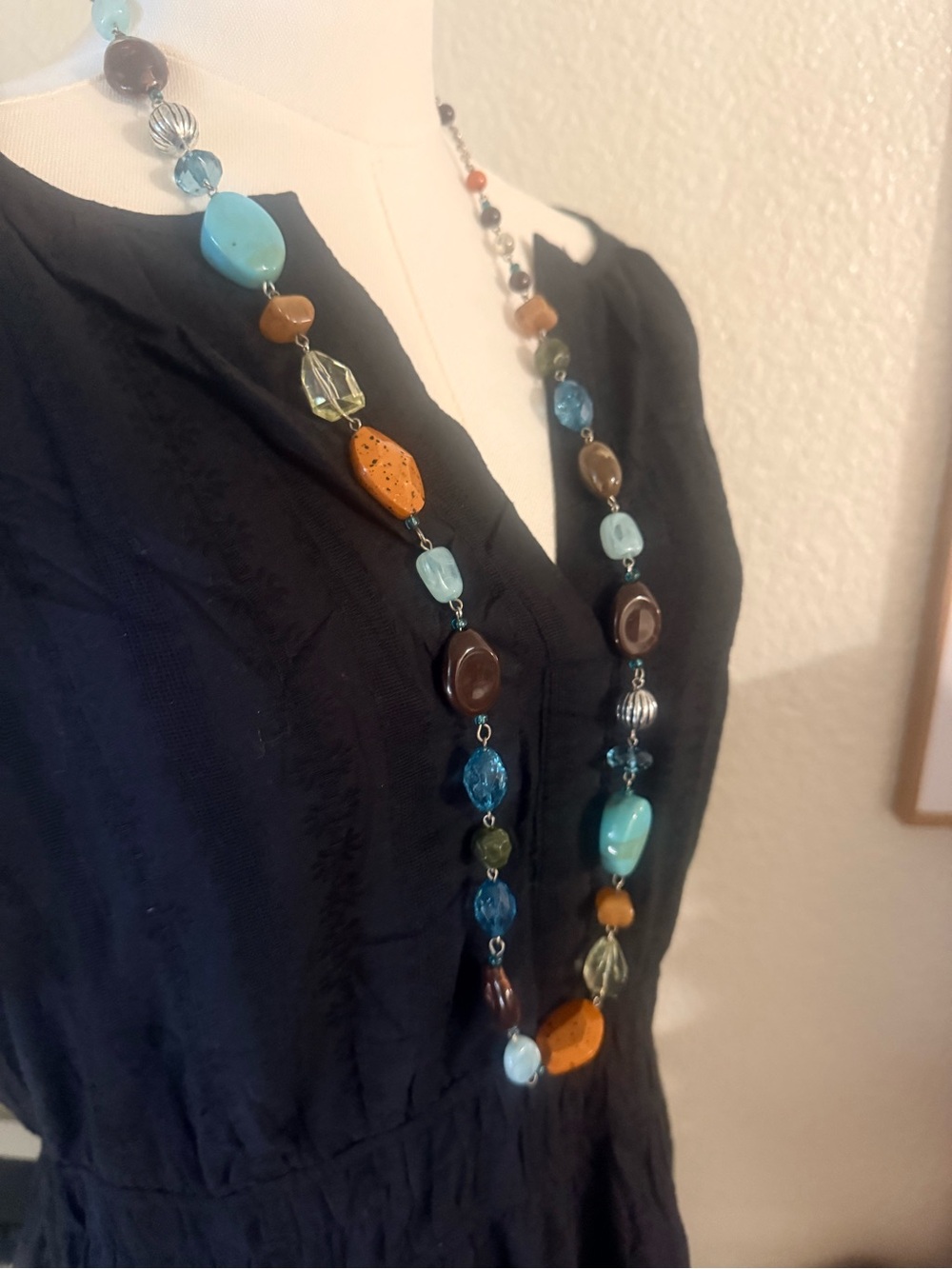 Long Multicolor Beaded Necklace with Turquoise & Brown Accents
